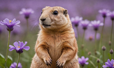 A prairie dog stands tall in a field of purple wildflowersの素材
