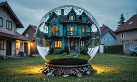 A large glass sphere sits on a grassy lawn, showcasing a miniature house with glowing windowsの素材