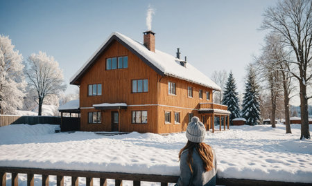 A woman in a winter hat looks at a wooden house with smoke coming from the chimneyの素材