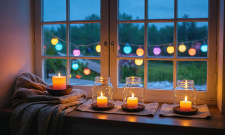 Candles and string lights create a cozy ambiance in a windowsill at duskの素材