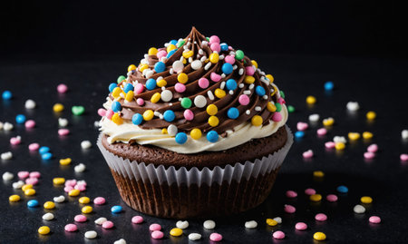 A chocolate cupcake with colorful sprinkles sits on a black surfaceの素材