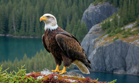 A bald eagle stands on a cliff overlooking a lake in a lush forestの素材
