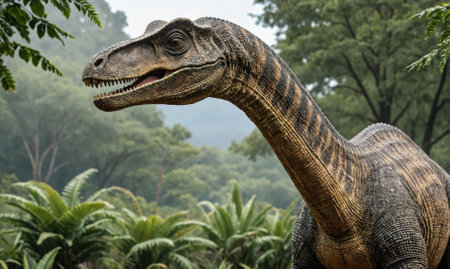 A large dinosaur with a long neck stands in a dense forestの素材