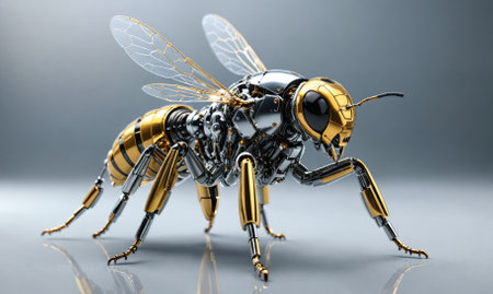 A robotic bee with metallic wings and a golden body stands on a gray surfaceの素材