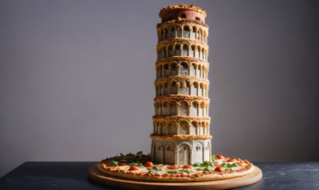 A tall pizza tower, shaped like the Leaning Tower of Pisa, sits on a wooden platterの素材