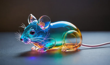 A colorful glass mouse figurine rests on a gray surfaceの素材