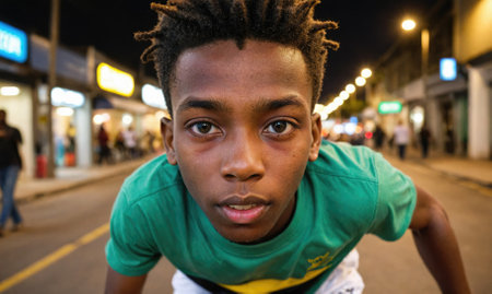 A young man with dreadlocks looks directly at the camera while standing on a city street at nightの素材