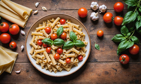 A bowl of pasta with tomatoes and basil sits on a wooden table, surrounded by fresh ingredientsの素材