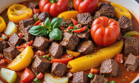 A close-up of a delicious-looking stew with beef, tomatoes, and peppersの素材