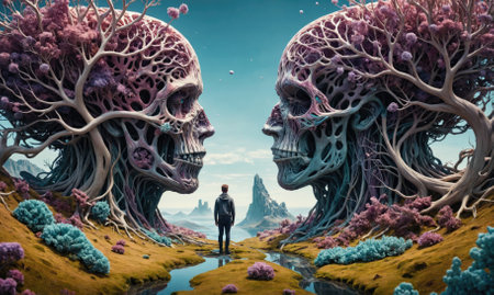 A lone figure stands between two large, skeletal tree-like structures in a fantastical landscapeの素材
