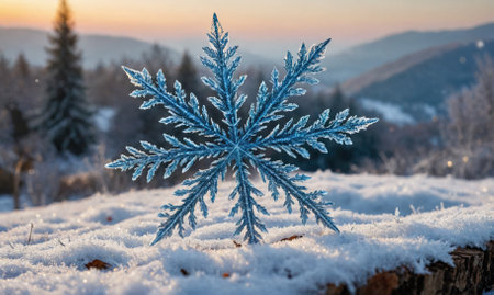 A large snowflake sits in the snow in front of a mountain rangeの素材