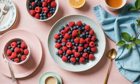 A plate of raspberries and blueberries sits on a pink table with a blue napkin and a forkの素材