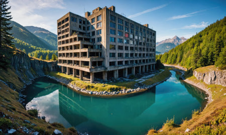 An abandoned building sits on a hillside overlooking a turquoise lake in the Alpsの素材