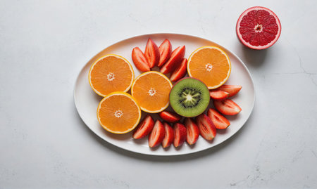 A platter of sliced oranges, strawberries, and a kiwi sits on a white marble surfaceの素材
