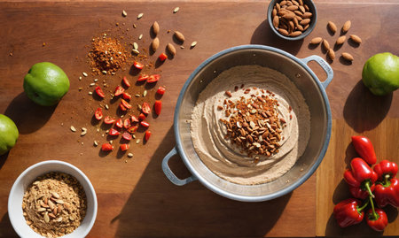 A bowl of hummus with almonds and spices, surrounded by limes, peppers, and additional toppings on a wooden surfaceの素材