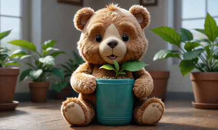 A brown teddy bear holds a potted plant with a green sproutの素材