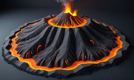 A model of a volcano erupting with orange lava and smokeの素材