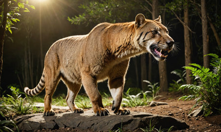 A large tiger stands on a rock in a dense forest, its sharp teeth bared in a menacing growlの素材