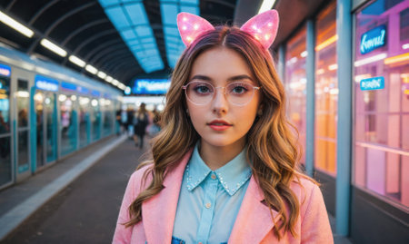 A young woman wearing cat ears and glasses poses in front of a subway stationの素材