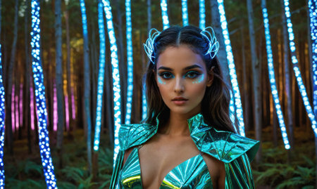 A woman poses in a forest illuminated by colorful lightsの素材