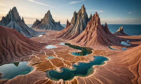 A view of the surreal landscape of the Qeshm Island Geopark in Iran, with its dramatic peaks and serene blue poolsの素材