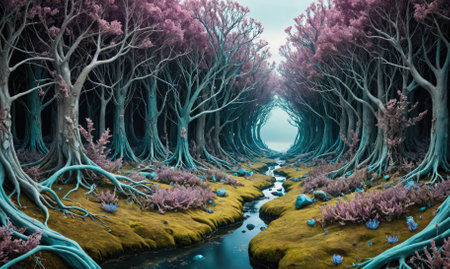 A winding path through a vibrant forest with blue trees and pink foliage leads to a hazy circle in the distanceの素材