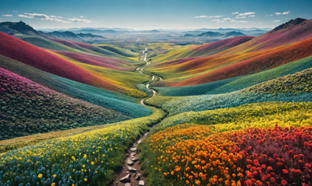 A winding path leads through a valley of colorful wildflowers, creating a stunning rainbow landscapeの素材