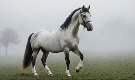 A white horse walks through a foggy fieldの素材