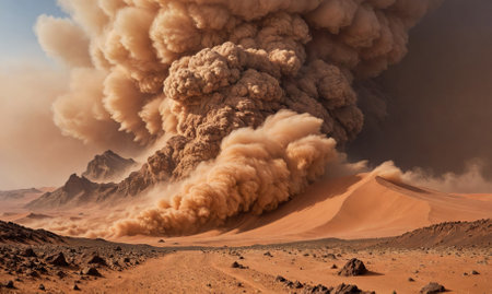 A large dust cloud rolls over a desert landscape, creating a dramatic sceneの素材