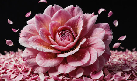 A single, pink rose sits atop a bed of petals, with other petals gently floating in the airの素材