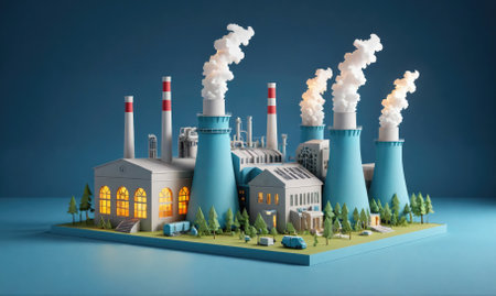 A model of a factory with smoking chimneys sits on a blue backgroundの素材