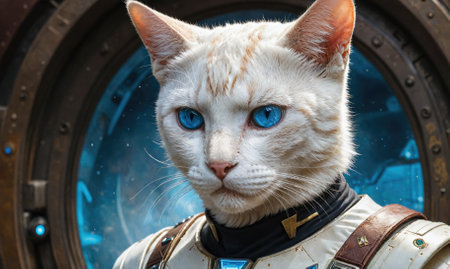 A white cat with piercing blue eyes stares intensely from behind a metallic doorの素材