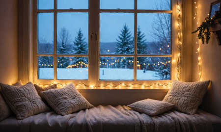 A cozy window seat with pillows and fairy lights, overlooking a snowy landscape in the eveningの素材