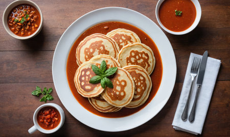 A plate of pancakes with a red sauce is ready to be eatenの素材