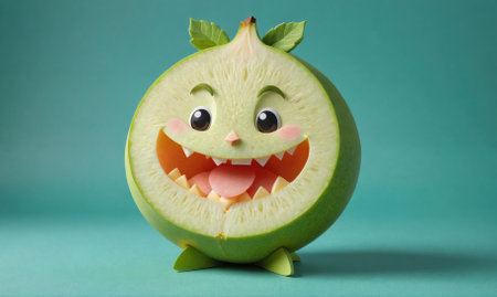 A green fig with a smiling face is standing on a blue backgroundの素材