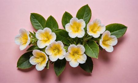 White flowers with yellow centers bloom against a pink backgroundの素材