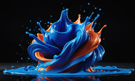 Blue and orange paint splash against a black backgroundの素材