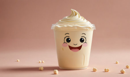 A happy milkshake with whipped cream sits on a pink background with white sprinkles scattered around itの素材
