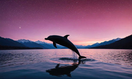 A dolphin leaps from the water at dusk, silhouetted against the purple sky and distant mountainsの素材