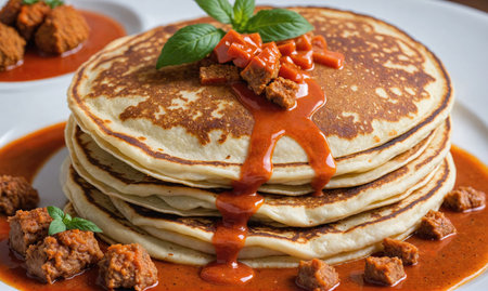 A stack of golden brown pancakes, topped with a sweet red sauce and bits of meat, rests on a white plateの素材