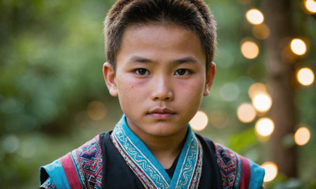A young boy stares intently at the camera, wearing traditional clothing in a lush green forest settingの素材