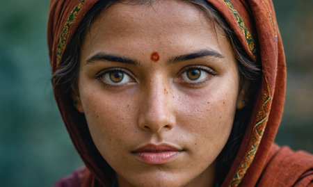 A woman in a red headscarf looks directly at the camera with a stoic expressionの素材