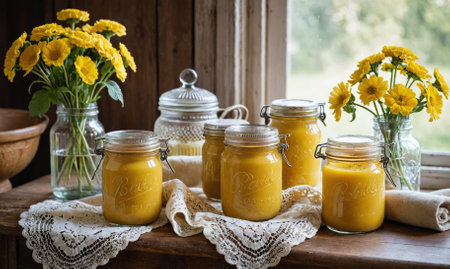 Jars of golden homemade preserves sit on a rustic table in a sun-drenched kitchenの素材