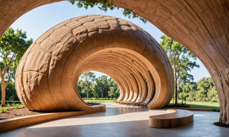 A view from inside the unique, curved structure, showcasing a serene outdoor space with trees and a lawnの素材