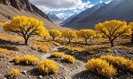 A winding path leads through a valley in the Himalayas, lined with golden trees and shrubsの素材