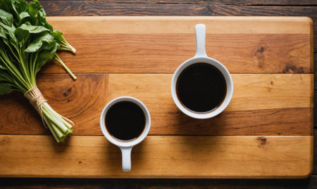 Two cups of coffee sit on a wooden cutting board, next to a bunch of fresh herbsの素材