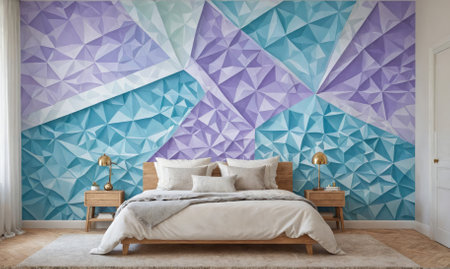 A modern bedroom with a geometric wallpaper in shades of teal and purpleの素材