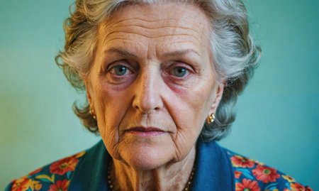 A senior woman looks directly at the camera with a serious expression, her gray hair framing her faceの素材