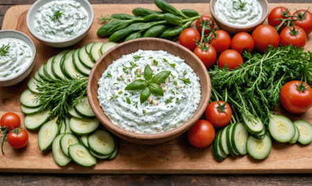 A dip with cucumbers and tomatoes on a wooden board is ready for a snackの素材