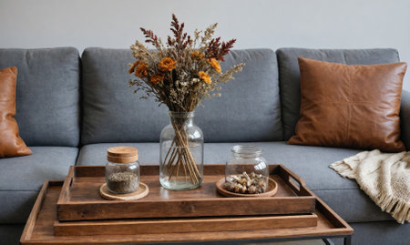 A gray sofa with a brown leather pillow and dried flowers in a glass vase sits in front of a wooden coffee table with decorative jarsの素材